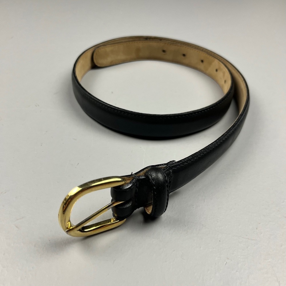 Vintage Full Grain Leather Belt Womens M Black Gold Buckle Skinny Classic 9920